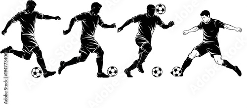 Silhouetted male soccer players in action, kicking and heading a ball