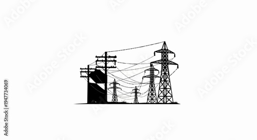 Silhouetted power pylons and poles with crisscrossing wires against a white background