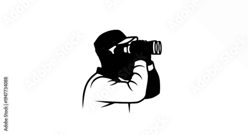 Silhouette of a person wearing a cap, holding a professional camera and shooting