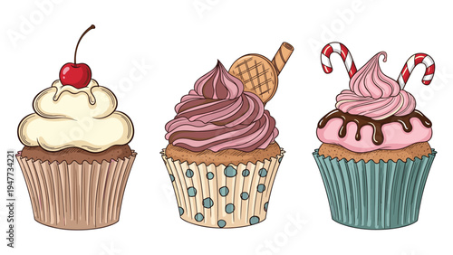 Collection of three gourmet decorated cupcakes with delicious toppings like cherry, wafer, chocolate sauce, and candy canes.