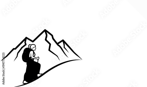 Silhouette of a person with a backpack hiking up a mountain