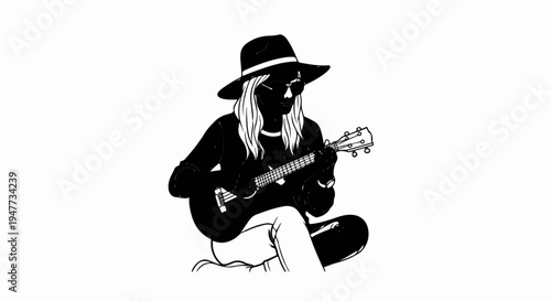 Silhouette of a person with a hat and sunglasses playing a ukulele