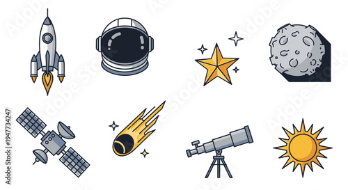 Space objects and astronomy equipment.