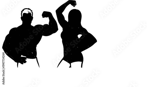 Silhouettes of a muscular man and woman posing on white background