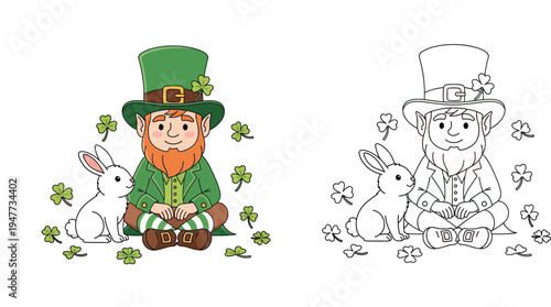 Cute St. Patrick's Day coloring page illustration with a leprechaun and bunny sitting among shamrocks, featuring both colored and black and white outline versions.