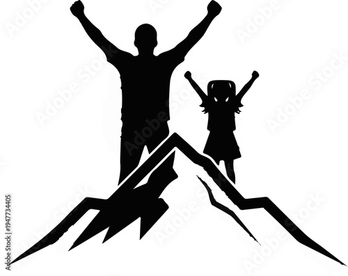 Silhouettes of parent and child celebrating on mountain peak