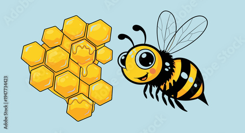 Cartoon bee next to honeycomb.