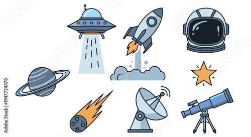 Space objects and astronomy equipment.