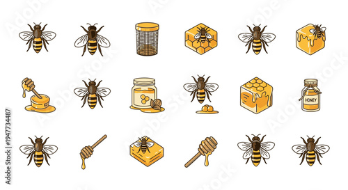 Collection of bees and honey icons.