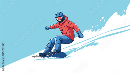 Energetic person snowboarding down steep snowy mountain slope during sunny winter day for extreme sports and adventure.