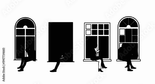 Silhouettes of people sitting at windows, reading or working