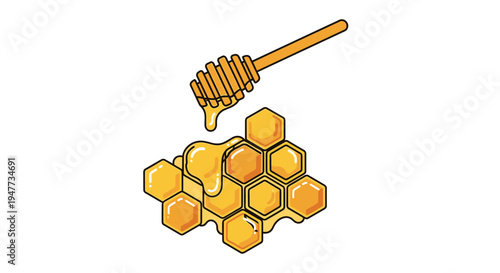 Golden honeycomb with honey dipper tool.