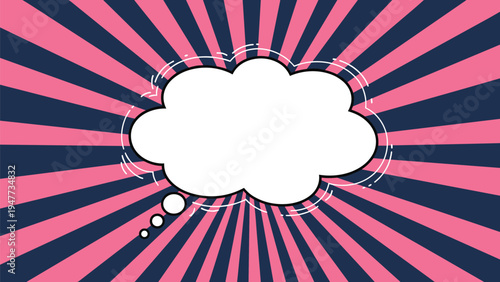 Empty comic book style speech bubble sits centrally over a vibrant pink and dark blue radial sunburst background for pop art designs.