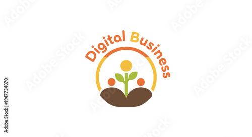 A digital illustration depicting a growing plant sprouting from soil under a vibrant orange and yellow arc, symbolizing business growth.