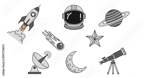 Space exploration rocket and astronomy equipment.