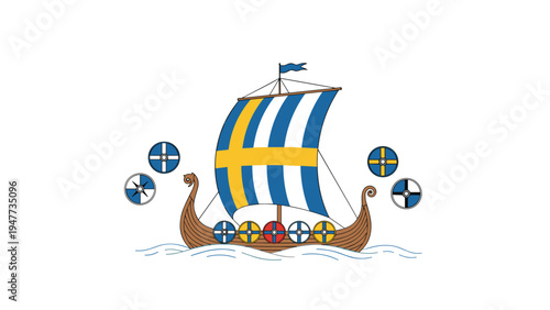 Traditional Viking longship with a blue and yellow cross sail and shields floats on water, representing ancient Scandinavian heritage.
