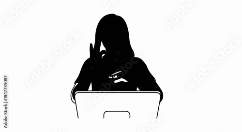 Silhouette of a person working on a laptop with hand on head
