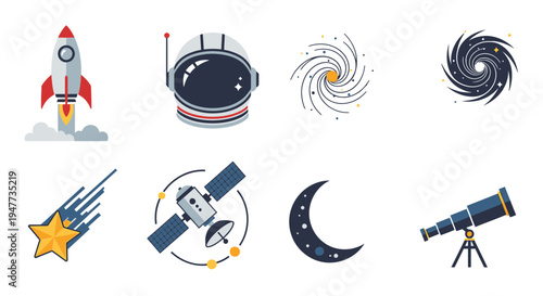 Space icons with rocket and telescope 6.