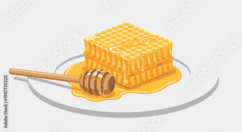 Honeycomb with honey dipper on plate.