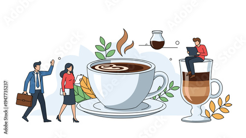 Business professionals walk past a giant mug of steaming coffee and a tall latte glass to illustrate workplace energy and break time.
