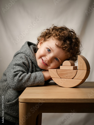 Child plays with wooden puzzle near table in indoor setting