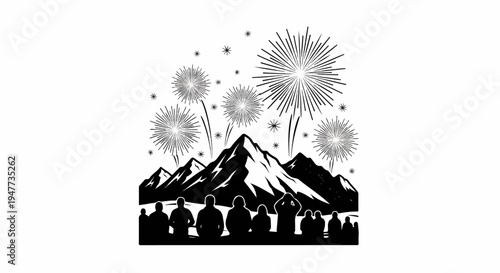 Silhouettes of people watching fireworks over mountains at night