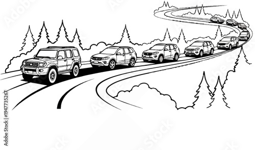 Series of SUVs driving along a winding, treelined road in a stylized illustration