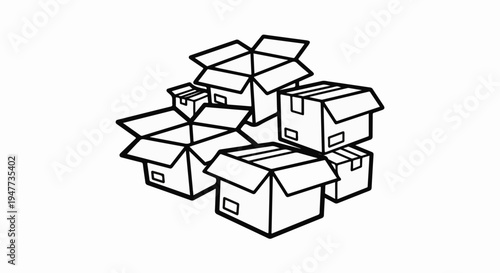 Stack of various open and closed cardboard boxes, line art