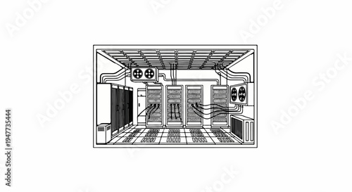 Server room with racks, fans, and cooling units
