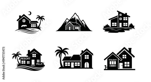 Set of black and white house icons, resort and villa logos, vector illustrations