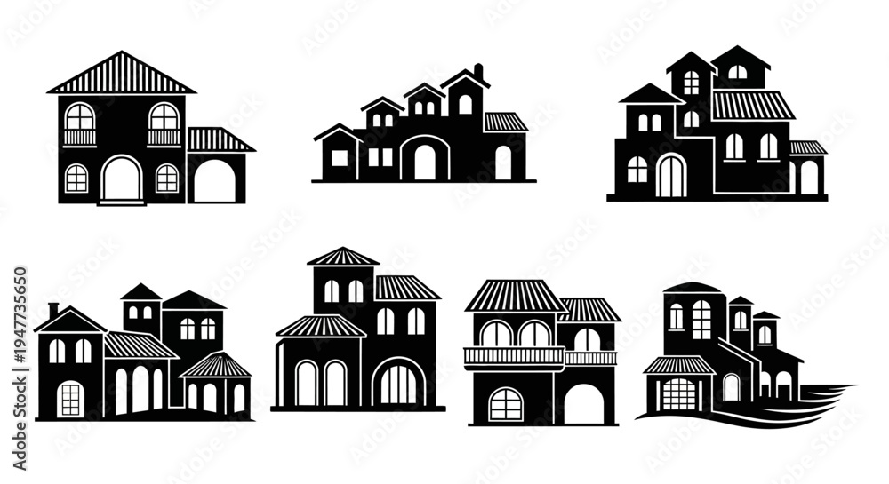 Fototapeta premium Set of Black and White Silhouettes of European Style Houses and Buildings