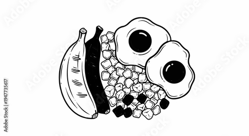 Simple black and white illustration of a breakfast meal with eggs, potatoes and bananas