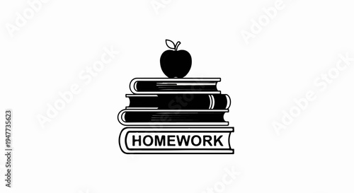 Stacked books with an apple on top and "Homework" text on bottom book