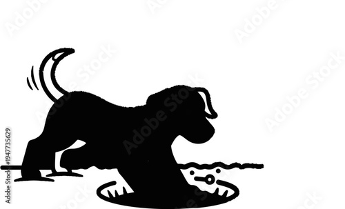 Silhouette of a playful dog digging for a bone in the ground