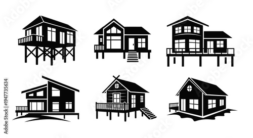 Set of Black and White Icons: Diverse House Designs on Stilts, Tropical and Modern Styles