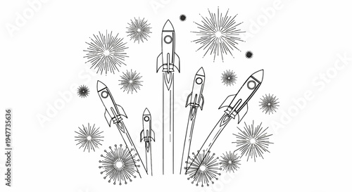 Several rockets launch upward amidst a burst of starry, explosive patterns