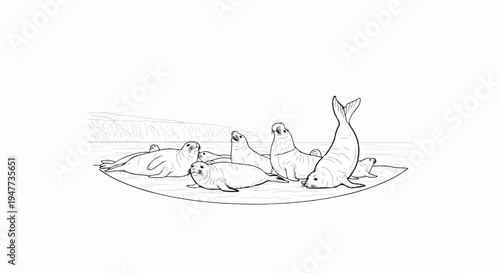 Several seals lounge on a rocky shoreline beside the ocean