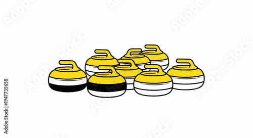 Several yellow and black curling stones arranged on a white background
