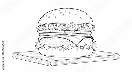 Stacked burger with cheese, lettuce, onions, and sesame seed bun on wood