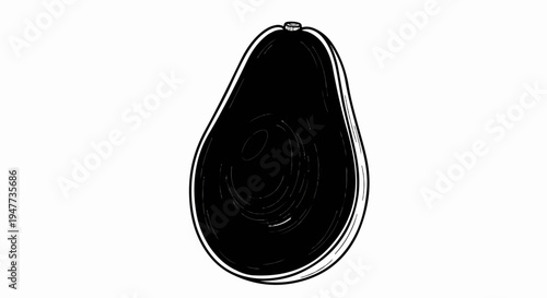 Simple black and white illustration of a halved avocado