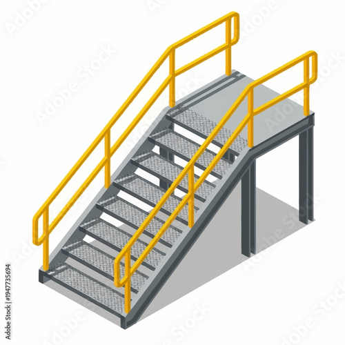 Industrial metal staircase with yellow safety handrails and a platform, viewed from an isometric perspective.