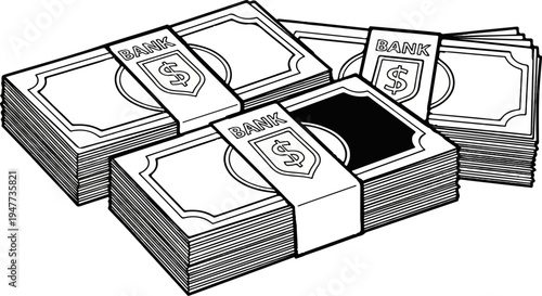 Stacked piles of cash with bank wrappers and dollar signs