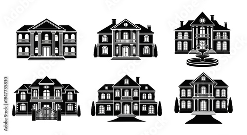Set of Black and White Silhouettes of Luxury Mansions and Estates