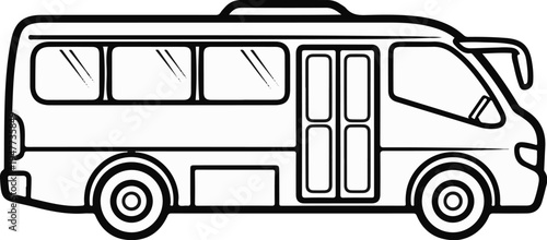 Side view of a black and white line drawing of a small bus or shuttle