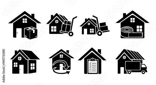 Moving House Icons: Boxes, Truck, Dolly, Tape, Checklist, Arrows, Home