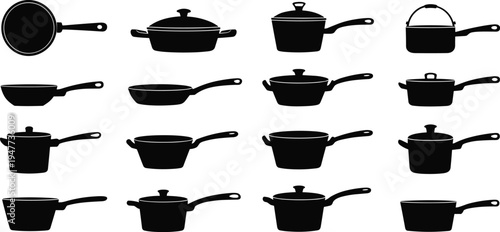 Cookware pots and pans silhouettes vector set, kitchen cooking utensils collection isolated for restaurant and culinary design