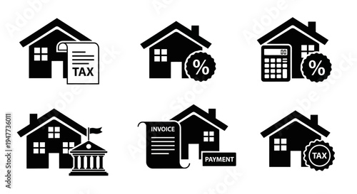 Real Estate Financial Icons: Tax, Loan, Payment, Invoice, Calculator, Government Building