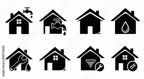Plumbing Service Icons: House Symbols with Tools, Water Drops, and Repair Icons