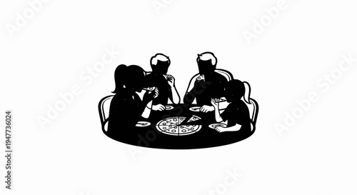 Silhouette family enjoys pizza around a round table with chairs