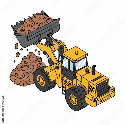 A yellow front loader moving brown rocks.